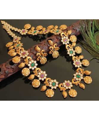 Gorgeous Matte Finish Ruby Green Peacock Designer Necklace Set 1