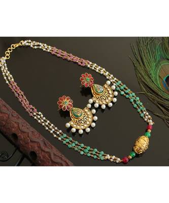 Beautiful Antique Pink Green Triple Layer Peacock Designer Necklace Set 1