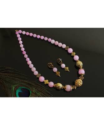 Beautiful Gold Tone Baby Pink Agate Designer Necklace Set 1