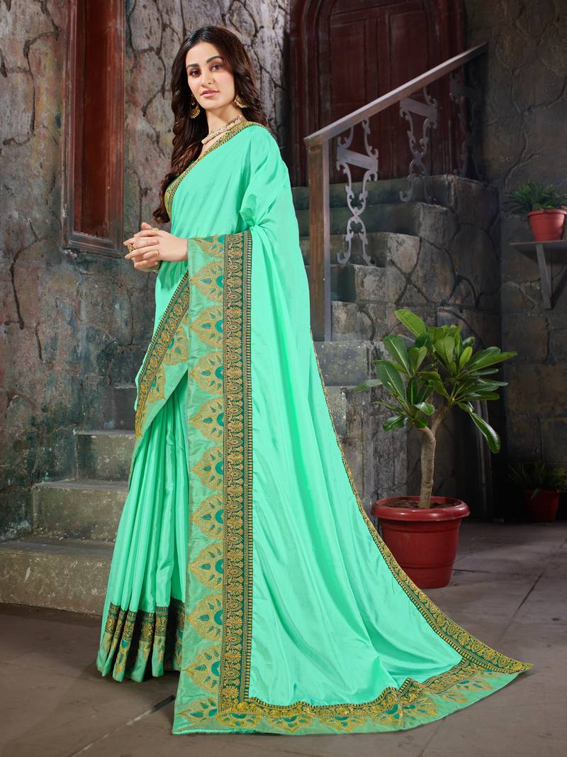 green Embroidered Art Silk saree with blouse