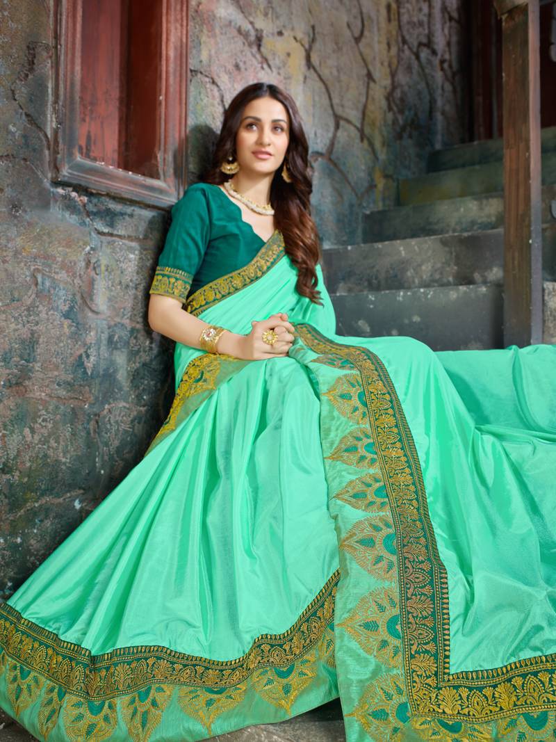 green Embroidered Art Silk saree with blouse
