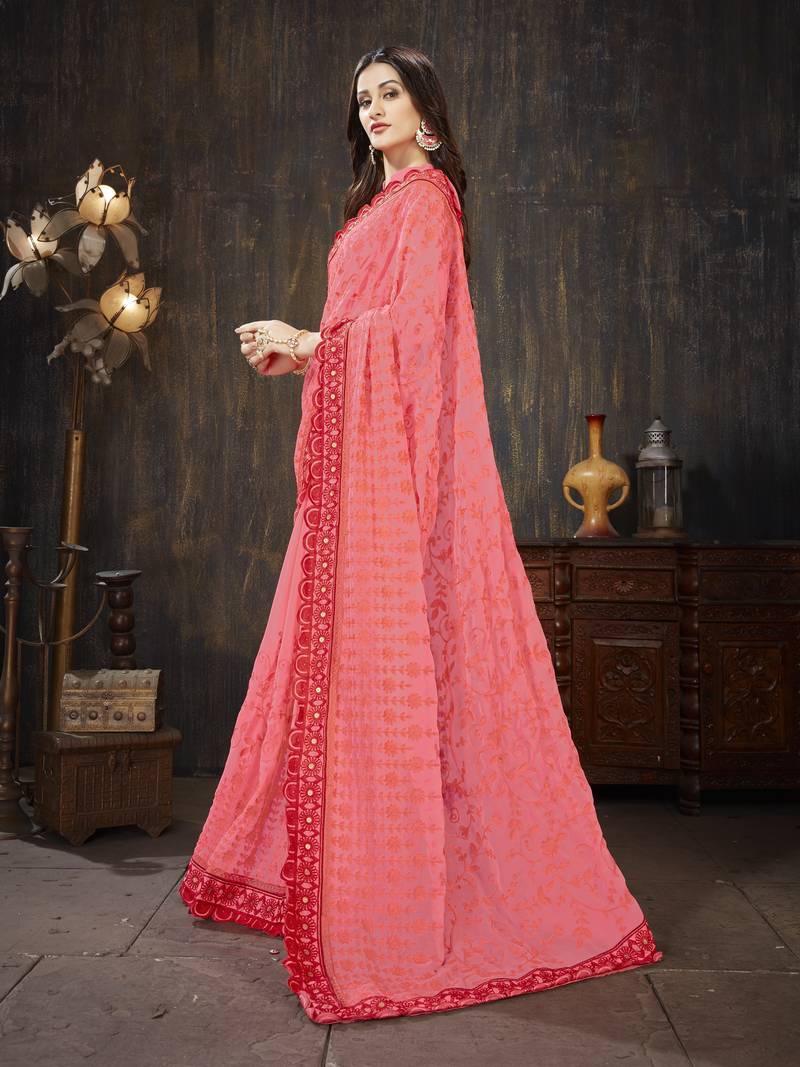 Pink Embroidered Georgette saree with blouse