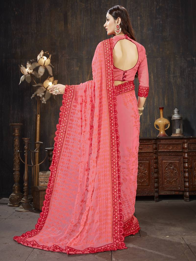 Pink Embroidered Georgette saree with blouse