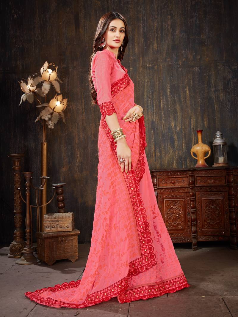 Pink Embroidered Georgette saree with blouse