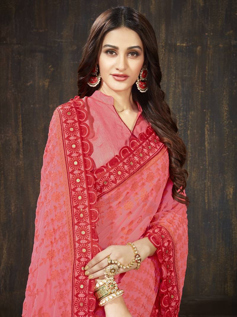 Pink Embroidered Georgette saree with blouse