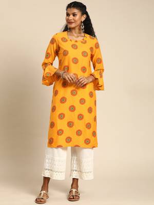 Straight Mustard Foil Printed Rayon Cotton Kurta For Girls's and Women's 1