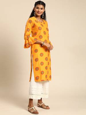 Straight Mustard Foil Printed Rayon Cotton Kurta For Girls's and Women's 3