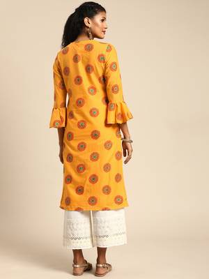 Straight Mustard Foil Printed Rayon Cotton Kurta For Girls's and Women's 4