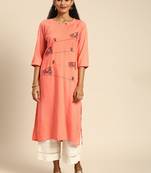 Blissta Women's Rayon Embroidered Straight Kurti (Peach)