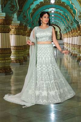 Green Embroidered Net Readymade Lehenga Cholis 4