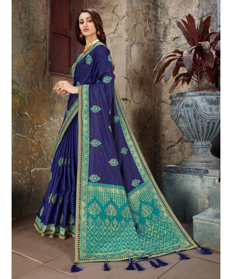 Blue Embroidered Art Silk saree with blouse