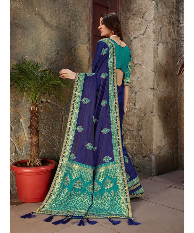 Blue Embroidered Art Silk saree with blouse