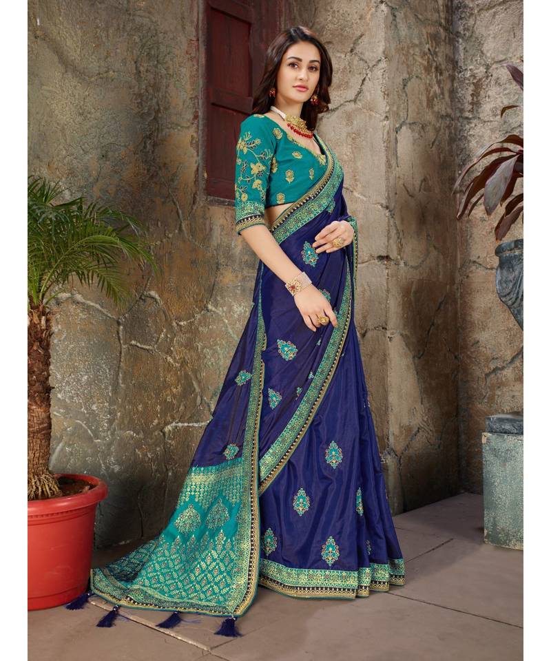Blue Embroidered Art Silk saree with blouse