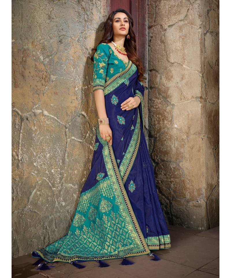 Blue Embroidered Art Silk saree with blouse