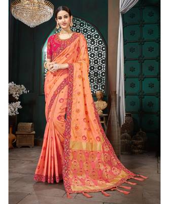 Peach Embroidered Bhagalpuri Silk saree with blouse 1