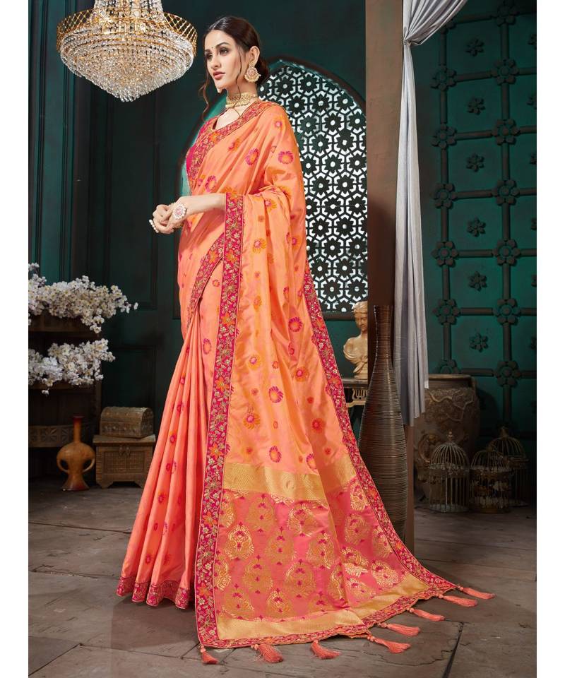 Peach Embroidered Bhagalpuri Silk saree with blouse