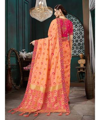 Peach Embroidered Bhagalpuri Silk saree with blouse 3
