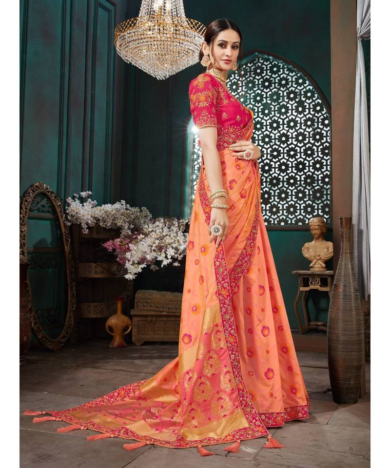 Peach Embroidered Bhagalpuri Silk saree with blouse