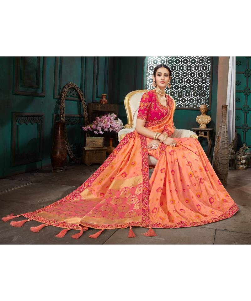Peach Embroidered Bhagalpuri Silk saree with blouse
