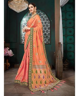 Orange Embroidered Bhagalpuri Silk saree with blouse 2