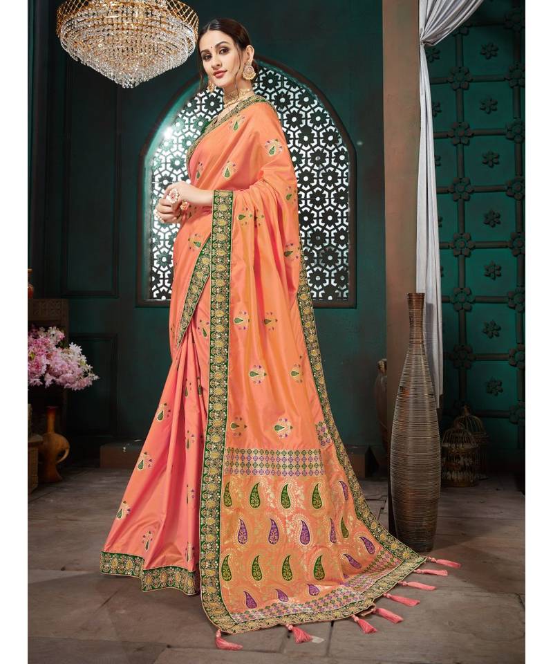 Orange Embroidered Bhagalpuri Silk saree with blouse