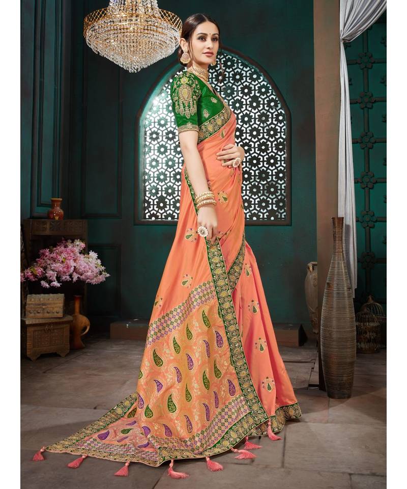 Orange Embroidered Bhagalpuri Silk saree with blouse