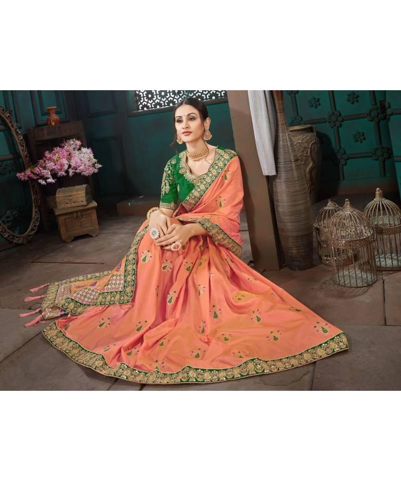 Orange Embroidered Bhagalpuri Silk saree with blouse
