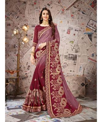 Maroon Embroidered Chiffon saree with blouse 1