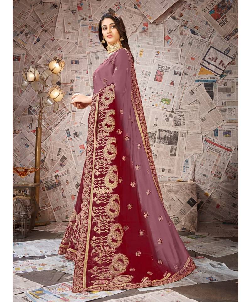 Maroon Embroidered Chiffon saree with blouse