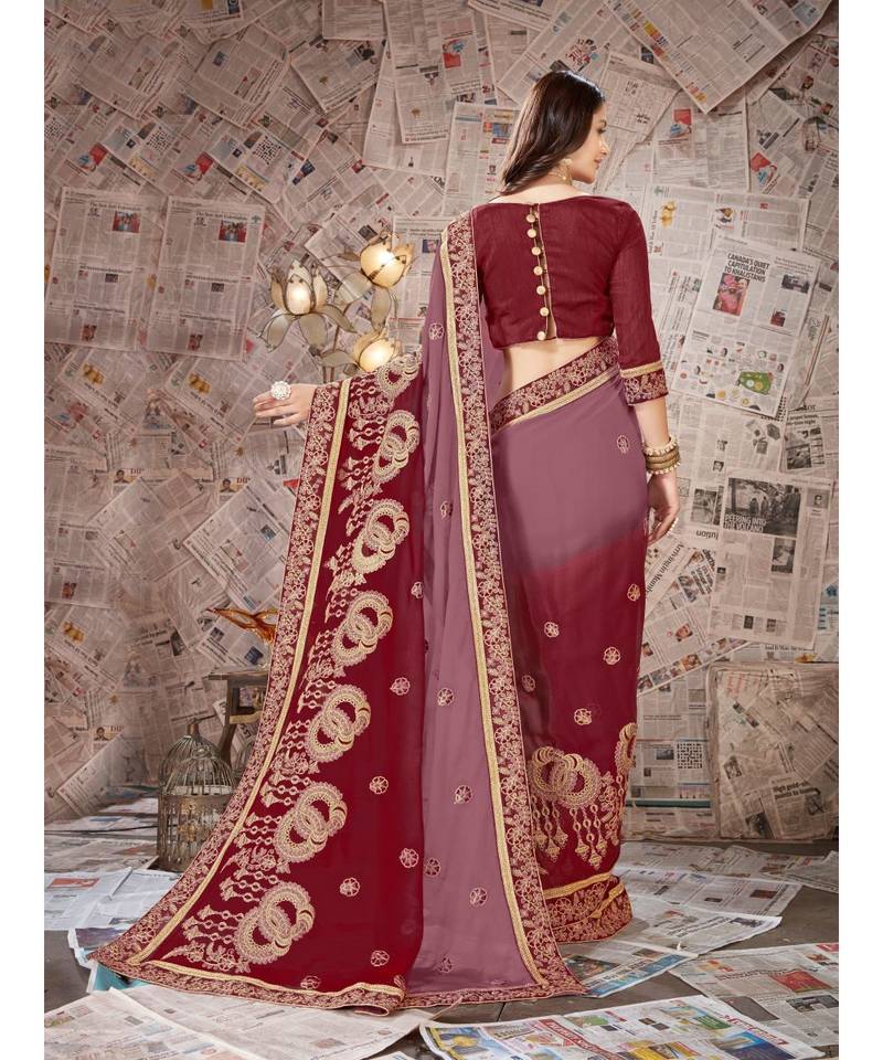 Maroon Embroidered Chiffon saree with blouse