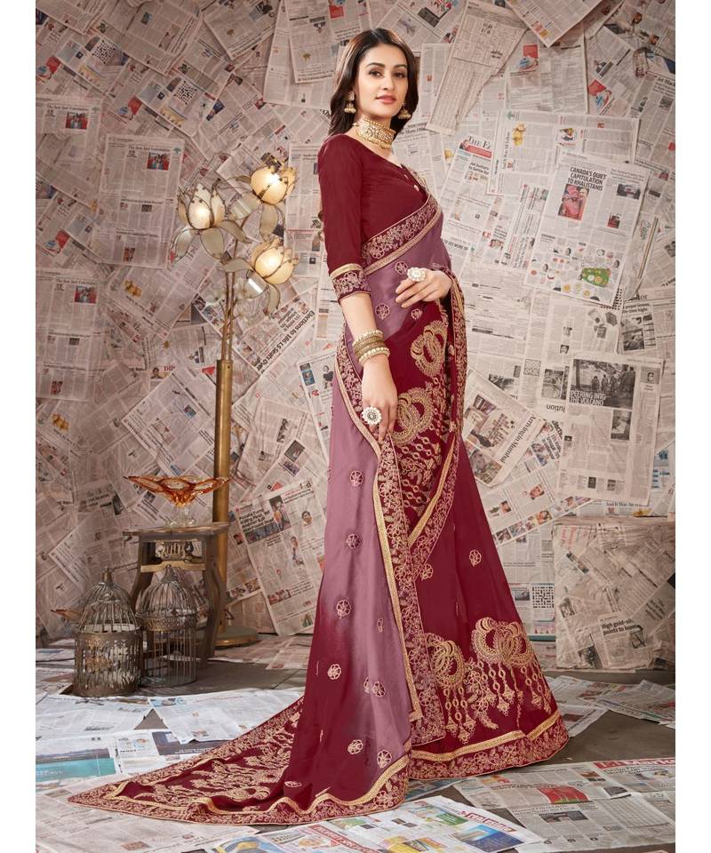 Maroon Embroidered Chiffon saree with blouse
