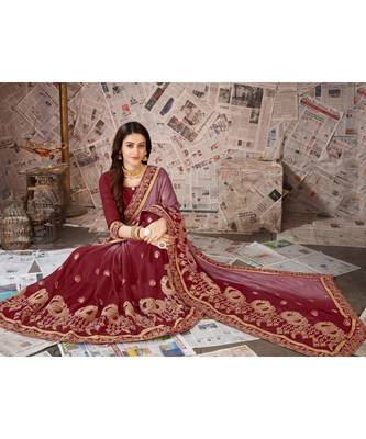 Maroon Embroidered Chiffon saree with blouse 5