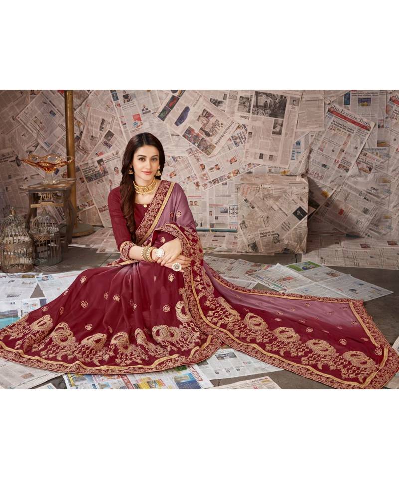 Maroon Embroidered Chiffon saree with blouse