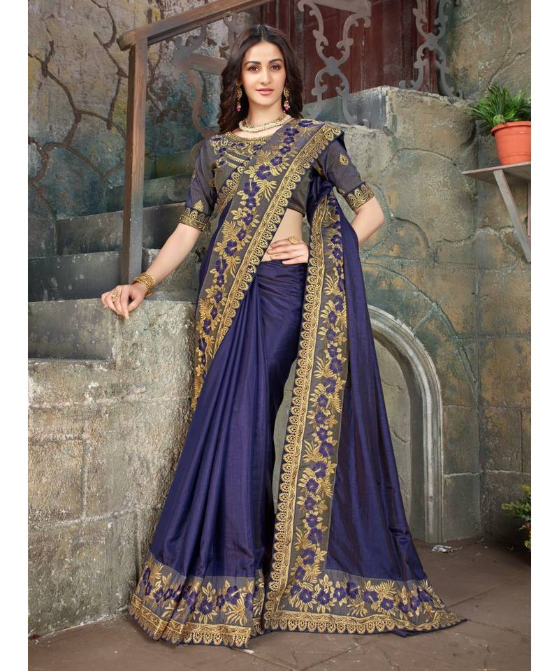 Purple Embroidered Art Silk saree with blouse