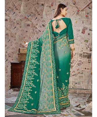 Green Embroidered Chiffon saree with blouse 3