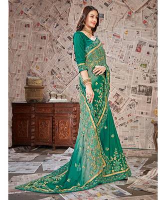 Green Embroidered Chiffon saree with blouse 4
