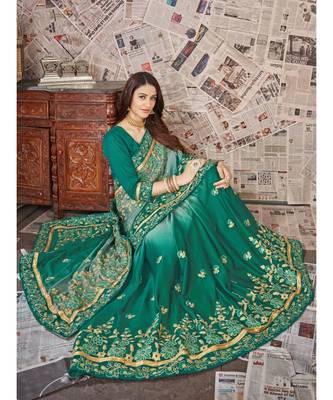 Green Embroidered Chiffon saree with blouse 5
