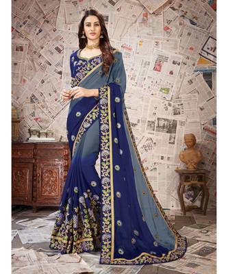 Blue Embroidered Chiffon saree with blouse 1