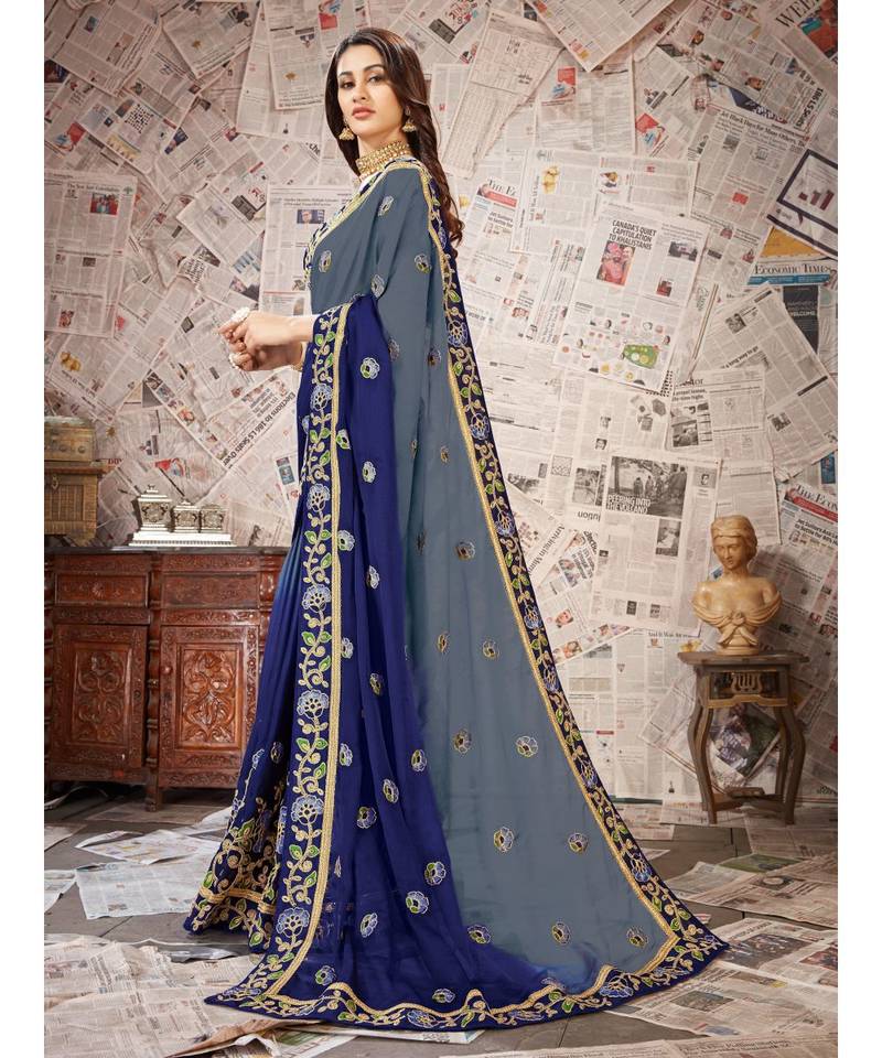 Blue Embroidered Chiffon saree with blouse