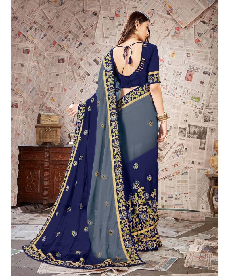 Blue Embroidered Chiffon saree with blouse