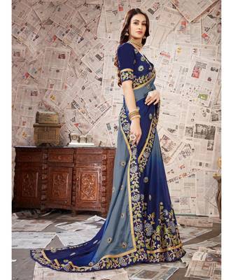 Blue Embroidered Chiffon saree with blouse 4