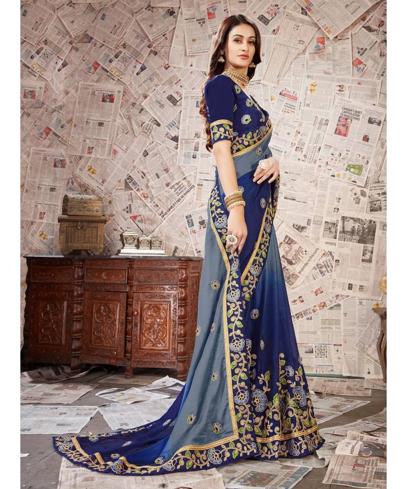 Blue Embroidered Chiffon saree with blouse