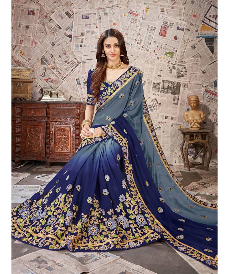 Blue Embroidered Chiffon saree with blouse