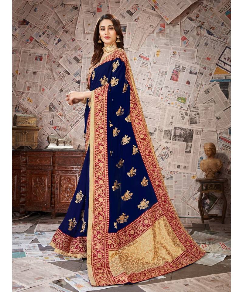 blue Embroidered Art Silk saree with blouse