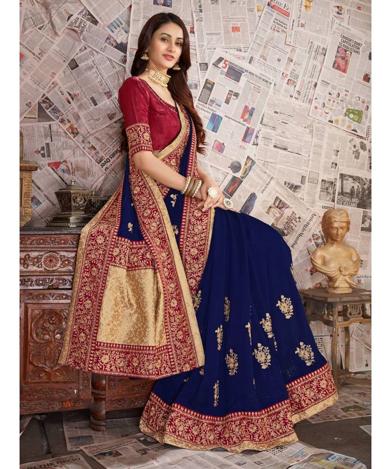 blue Embroidered Art Silk saree with blouse