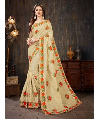 Beige Embroidered Art Silk saree with blouse 1