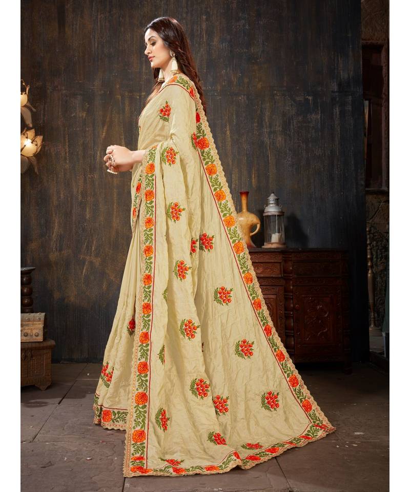 Beige Embroidered Art Silk saree with blouse