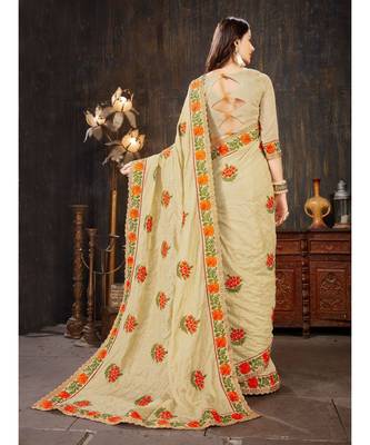 Beige Embroidered Art Silk saree with blouse 3