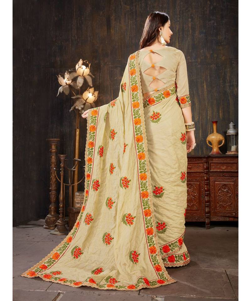 Beige Embroidered Art Silk saree with blouse