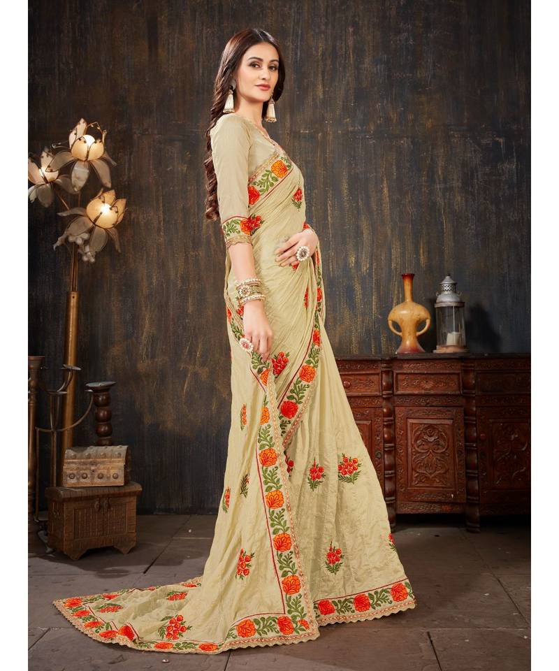 Beige Embroidered Art Silk saree with blouse